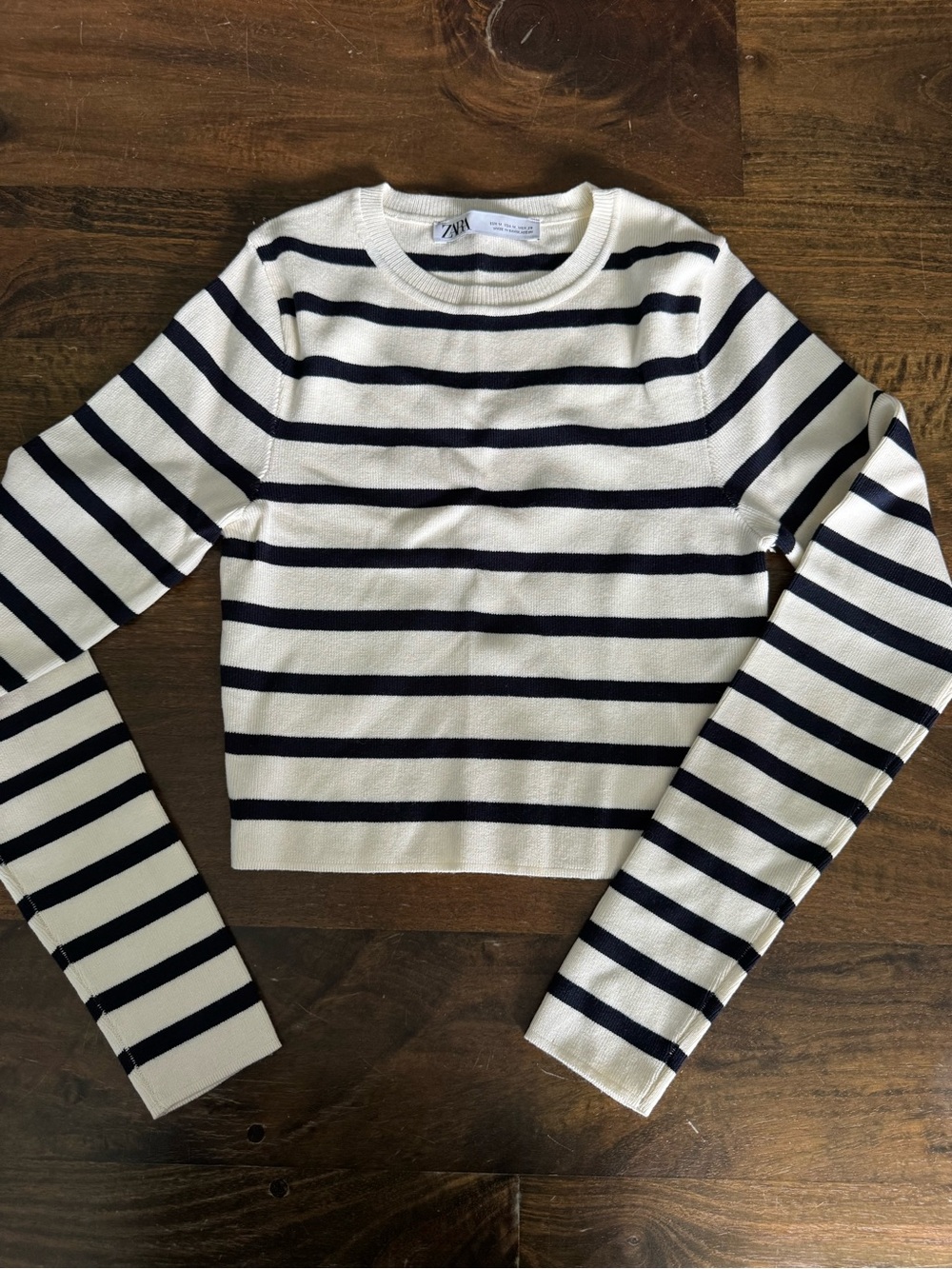 Zara Navy and White Striped Long Sleeve Knit Top